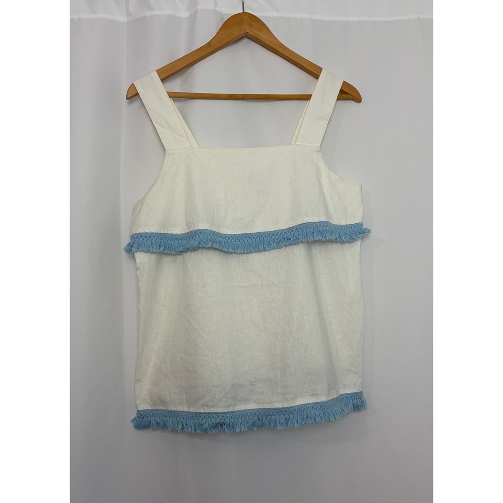 Duffield Lane White Linen Blend Blue Fringe Tank Top Womens Medium Euro Resort
